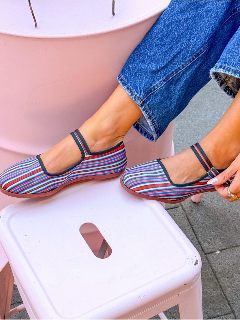 Kung Fu Mary Happy Shoes Stripes Sz 39 like 7.5 Runs Small Cotton Washable Flats